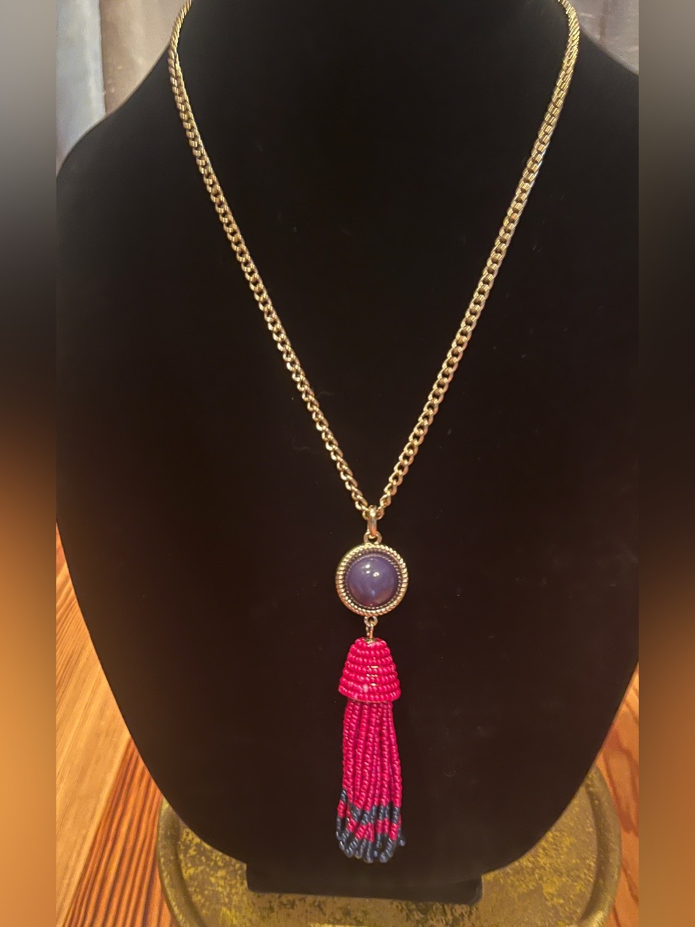 Talbots Gold Chain Necklace with Blue Stone and Magenta Beaded Tassel